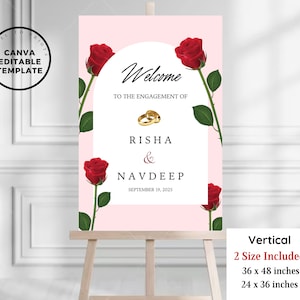 Red Rose Engagement Welcome Sign: Editable Template (Digital Download)