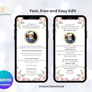 Puede incluir: Plantilla digital de Canva para un anuncio de servicio conmemorativo, que se muestra en dos teléfonos inteligentes. El diseño presenta detalles florales, una foto y detalles del evento en inglés y punjabi.