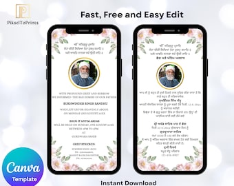 Może przedstawiać: Cyfrowy szablon Canva do ogłoszenia uroczystości żałobnej, wyświetlany na dwóch smartfonach. Projekt zawiera kwiatowe akcenty, zdjęcie i szczegóły wydarzenia w języku angielskim i pendżabskim.