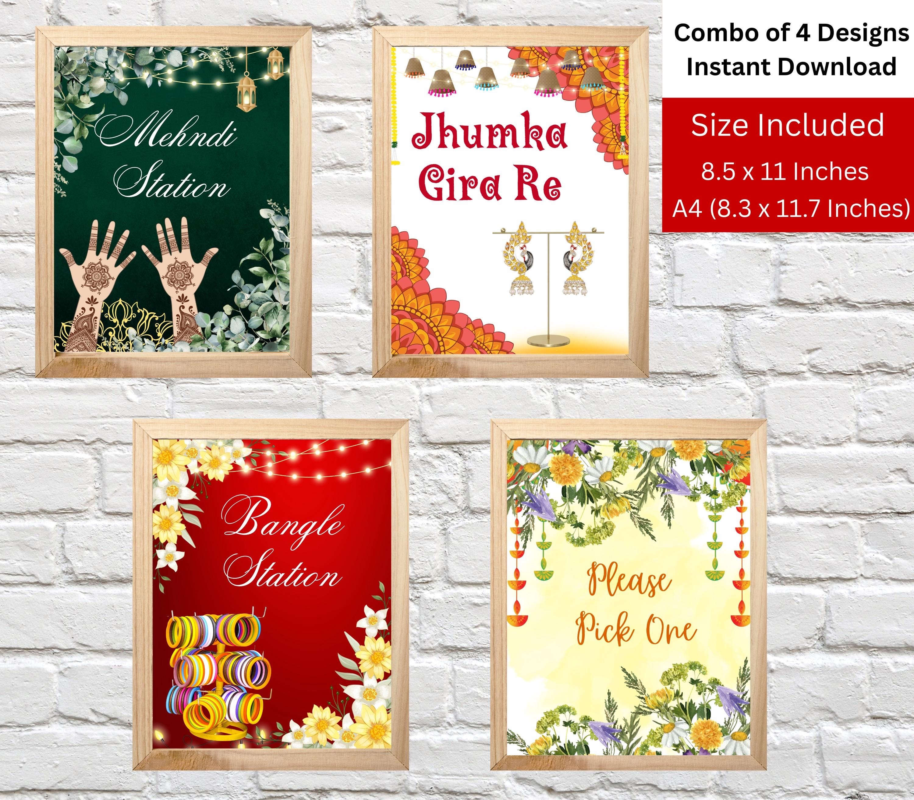 Combo of 4 Design Mehndi Station Sign, Bangle Station Sign, Jhumka Station Sign, Please Pick One Sign Wedding Gift Station Instant Download