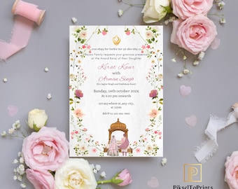 Editable Sikh Wedding Invitation Template, Pink Floral Anand Karaj Invite, Punjabi Wedding Canva Template, Desi Wedding Invitation Digital