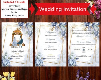 Anand Karaj Invitation Template, Sikh Save the Date Invite, Blue Punjabi Wedding Invitation Card Set, Editable Sikh Wedding Invitation Card