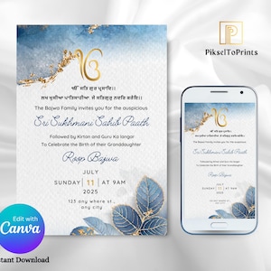 May include: An invitation card with a blue and gold watercolor design, featuring text in English and another language. The card is for a Sri Sukhmani Sahib Paath to celebrate a granddaughter's birth. A smartphone displays the same design.