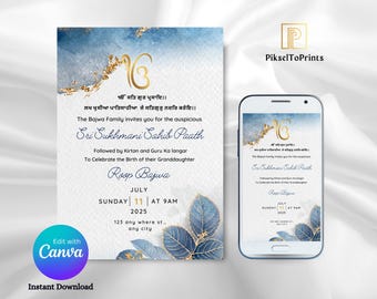 Sukhmani Sahib Path Invitation Template | Blue Gold Sukhmani Sahib Invitation | Sikh Housewarming | Editable Akhand Path Invitation phone