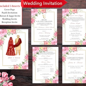 Conjunto de convites elegantes e editáveis para casamento Sikh, convite Anand Karaj, convite de casamento Punjabi, convite para recepção, cartão de casamento Sikh