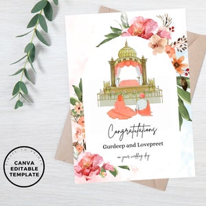Cartão de parabéns de casamento sikh editável, cartão de parabéns de Anand Karaj, cartão de casamento floral Punjabi, download instantâneo de cartão de casamento sikh