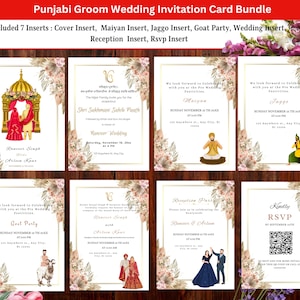 Ensemble de faire-part de mariage pour le marié sikh, carte de mariage sikh bohème, modèle d'invitation élégant Anand Karaj, lot de cartes d'invitation de mariage pendjabi