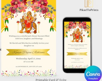 Editable Navratri Invitation Template – Kanya Pujan Ashtami Invite, Jagrata Evite (Digital Download)