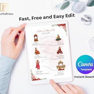 Op de afbeelding: Een digitale trouwuitnodigingssjabloon op een tablet, met illustraties van bruiloftsevenementen en tekst. Het ontwerp bevat bloemaccenten en de tekst "Fast, Free and Easy Edit" en "Canva Template Instant Download".
