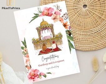 Sikh Wedding Congratulations Card: Floral Red Anand Karaj Vadai Card Template (Digital Download)