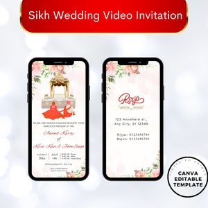 Convite de vídeo de casamento Sikh editável, convite de vídeo de casamento Punjabi, cartão de casamento Sikh, cartão de convite Anand Karaj, casamento Gurdwara