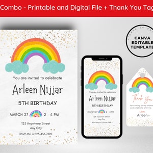 Editable Rainbow Birthday Invitation + Thank You Card, Rainbow Birthday Evite, Gold Stars Boho Rainbow Birthday Invitation Template