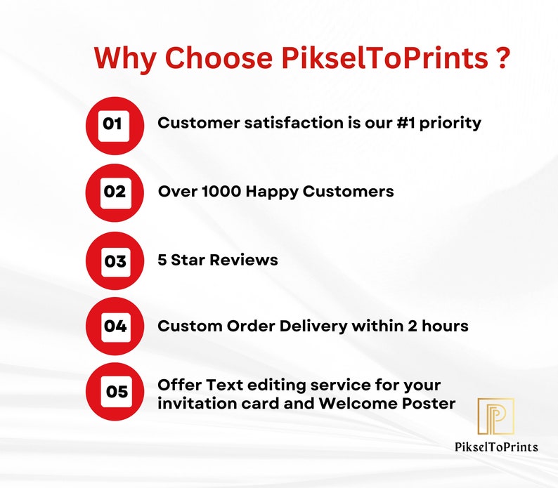 May include: A red and white graphic with the text "Why Choose PikselToPrints?" and five numbered points. The points list reasons to choose PikselToPrints, including customer satisfaction, over 1000 happy customers, 5 star reviews, custom order delivery within 2 hours, and text editing services for invitations and welcome posters.
