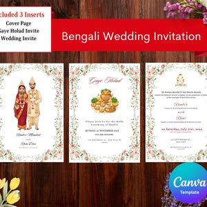 以下が含まれることがあります： 3つのインサートが付いたベンガルウェディング招待状セット。表紙と2枚の招待状には、花柄のボーダーと、カップルや伝統的な要素のイラストが描かれています。「Bengali Wedding Invitation」と「Gaye Holud Invite」の文字が含まれています。