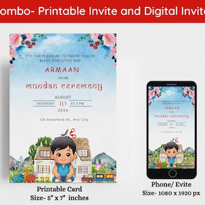 Puede incluir: Invitación imprimible y digital para la ceremonia de mundan de un bebé. La invitación presenta un fondo de acuarela azul y blanco con flores rosas, una ilustración de dibujos animados de un niño y el texto "It's our pleasure to invite you to bless our little one Armaan on his mundan ceremony August 10 at 3 PM 20XX 123 Anywhere At., Any City". La invitación digital se muestra en la pantalla de un teléfono inteligente.