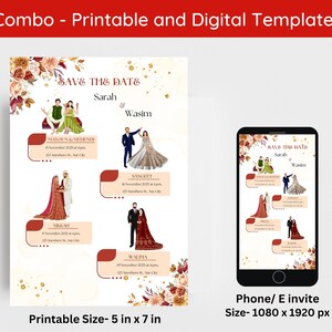 Faire gagner la date musulman modifiable tout en un, invitation numérique de mariage islamique, mariage indien plusieurs réservez la date, carte de mariage islamique