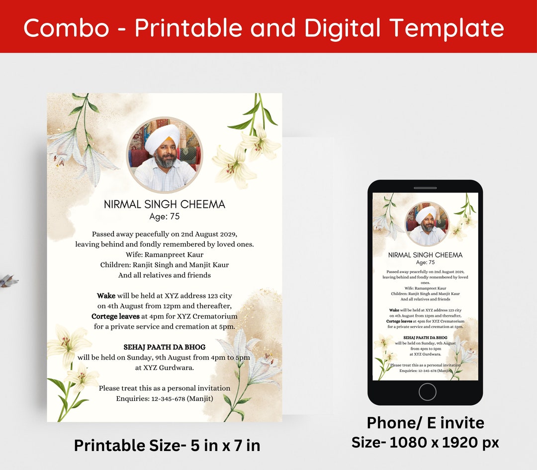 Editable Sikh Funeral Invite Digital Sikh Funeral Invitation Hindu