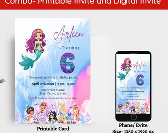 Sparkle Mermaid Birthday Invitation, Under the Sea Party, Editable Canva Template (Digital Download)