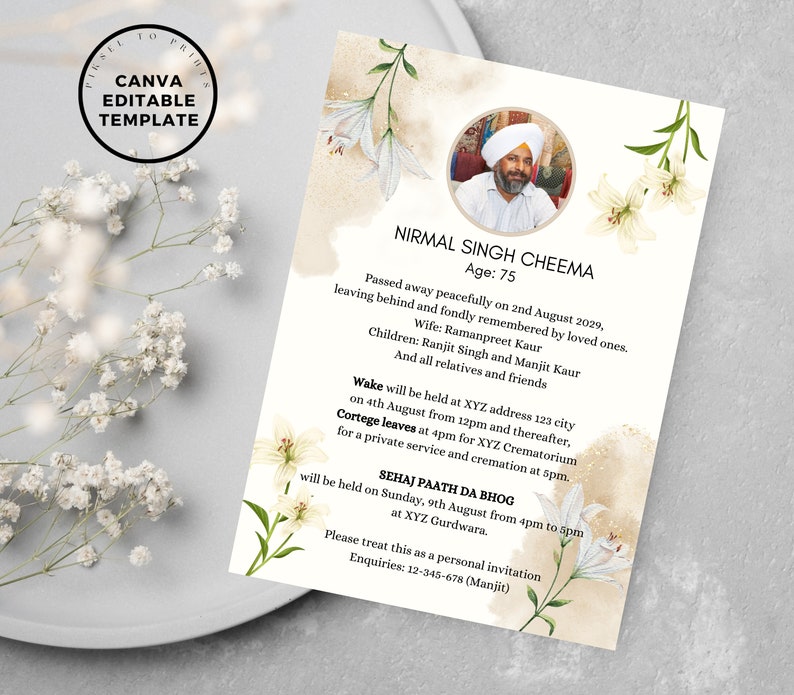 Editable Sikh Funeral Invite Digital Sikh Funeral Invitation Hindu