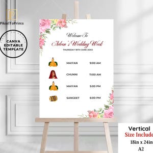 Sinal de itinerário de casamento de menina indiana, programa de casamento hindu, programa de casamento sikh, ordem do dia do casamento punjabi, pôster de cronograma de casamento