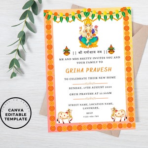 May include: An orange and yellow invitation card with a floral border. The card features a Hindu deity, Ganesha, and the text "|| श्री गणेशाय नम ||", "MR AND MRS SHETTY INVITES YOU AND YOUR FAMILY TO GRIHA PRAVESH", "TO CELEBRATE THEIR NEW HOME", "SUNDAY, 17TH AUGUST 2024", "GRUH PRAVESH AT 11:30AM", "STREET NAME, LOCATION NAME, LANDMARK.", "RSVP", "+123-456-789".