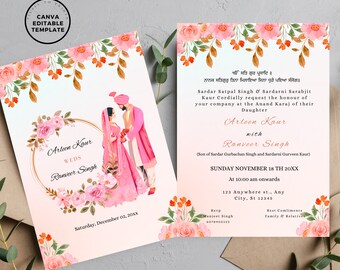 Pink Floral Anand Karaj Invitation: Editable Sikh Wedding Card (Digital Download)