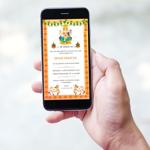 May include: A mobile phone screen displaying a digital invitation for a housewarming party. The invitation features a Hindu deity, a yellow and orange color scheme, and the text "Griha Pravesh" in bold.