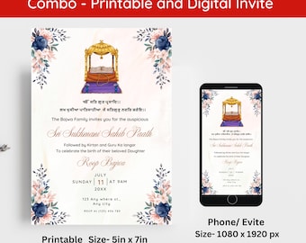 May include: Printable and digital invitation for a Sri Sukhmani Sahib Paath ceremony. The invitation features a gold and purple design with floral accents. The text includes the date, time, and location of the event. The digital version is shown on a smartphone screen.