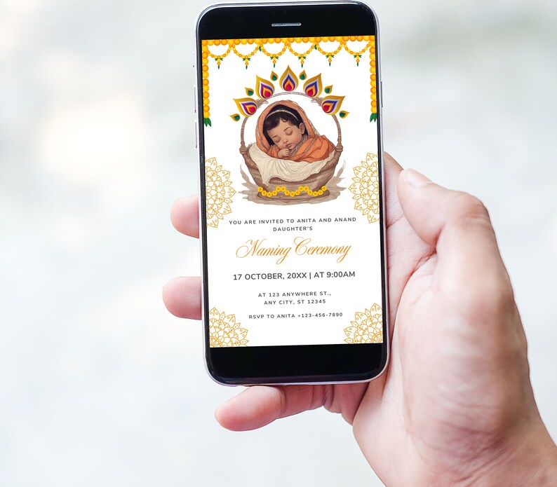 May include: A digital invitation for a baby naming ceremony. The invitation features a yellow, green, and red floral design with a baby in a basket. The text reads "You are invited to Anita and Anand's daughter's Naming Ceremony 17 October, 20XX | AT 9:00AM AT 123 Anywhere St.. ANY CITY, ST 12345 RSVP to Anita -123-456-7880"