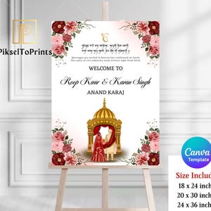 Floral Anand Karaj Welcome Sign | Sikh Wedding Welcome Poster | Punjabi Wedding Sign Entry Decor Canva Template (Digital Download)