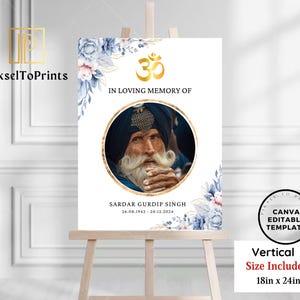 May include: A vertical memorial sign on an easel. The sign features a photo of a man in a turban, surrounded by floral and gold accents. Text includes "In Loving Memory Of" and the name and dates of the deceased. The sign is 18in x 24in.