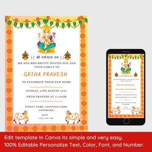 May include: A colorful invitation for a Griha Pravesh ceremony, featuring a Hindu deity, a garland of flowers, and two cows. The invitation includes the text "|| श्री गणेशाय नम ||", "MR AND MRS SHETTY INVITES YOU AND YOUR FAMILY TO GRIHA PRAVESH", "TO CELEBRATE THEIR NEW HOME", "SUNDAY, 17TH AUGUST 2024", "GRUH PRAVESH AT 11:30AM", "STREET NAME, LOCATION NAME, LANDMARK", "RSVP", "+123-456-789".