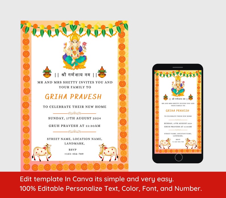 May include: A colorful invitation for a Griha Pravesh ceremony, featuring a Hindu deity, a garland of flowers, and two cows. The invitation includes the text "|| श्री गणेशाय नम ||", "MR AND MRS SHETTY INVITES YOU AND YOUR FAMILY TO GRIHA PRAVESH", "TO CELEBRATE THEIR NEW HOME", "SUNDAY, 17TH AUGUST 2024", "GRUH PRAVESH AT 11:30AM", "STREET NAME, LOCATION NAME, LANDMARK", "RSVP", "+123-456-789".