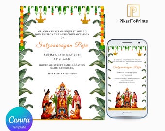 Satyanarayana Pooja Invitation | Editable Indian Satyanaraya Vrat Katha Invite Template |Puja Phone Invite Digital Download