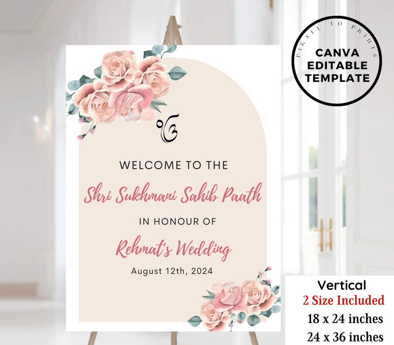 Editable Sukhmani Sahib Path Welcome Sign, Akhand Path Sign, Wedding Welcome Signage, Punjabi Wedding Welcome Sign, Anand Karaj Welcome Sign image 1