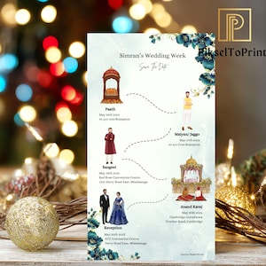 May include: A wedding invitation with the text "Simran's Wedding Week Save The Date." The invitation features illustrations of wedding events, including Paath, Sangeet, Reception, Maiyan/Jaggo, and Anand Karaj, with dates and locations.