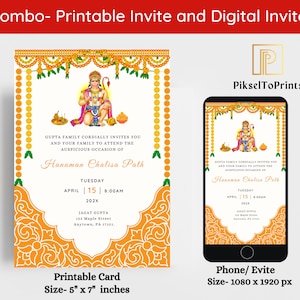 Puede incluir: Un conjunto de invitación combinado con una tarjeta imprimible y una invitación digital. La tarjeta mide 12,7 cm x 17,8 cm y la invitación digital 1080 x 1920 px. Ambas presentan un diseño dorado y naranja con texto para un evento.