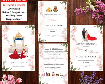 Editable Sikh Wedding Invitation Set, Luxury Sikh Wedding Card, Elegant Anand Karaj Invite, Punjabi Wedding Invitation Canva Template