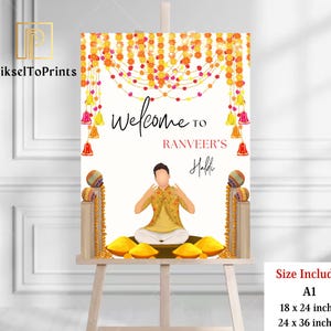 Cartello di benvenuto Haldi per sposo, segnaletica Haldi, cartello di benvenuto Pithi, decorazioni Haldi, cartello di benvenuto Maiyan, bacheca di benvenuto Haldi modificabile, serata Maticoor
