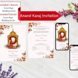Convite de casamento Sikh editável, convite Anand Karaj, convite de casamento floral Punjabi, cartão de casamento Sikh, modelo de cartão de casamento Punjabi