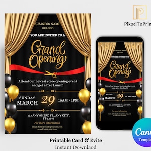 May include: A digital grand opening invitation card and evite template. The design features gold curtains, balloons, and a red ribbon. The text includes the business name, event details, and contact information.