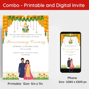 Bewerkbare Indiase housewarmingsuitnodiging, Griha Pravesh uitnodigingskaart, Gruha Pravesam digitale uitnodiging, Noord-Indiase housewarmingsuitnodiging