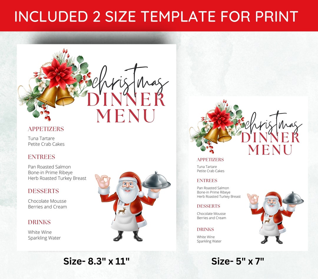 Editable Christmas Menu Card Holiday Menu Template Printable - Etsy UK