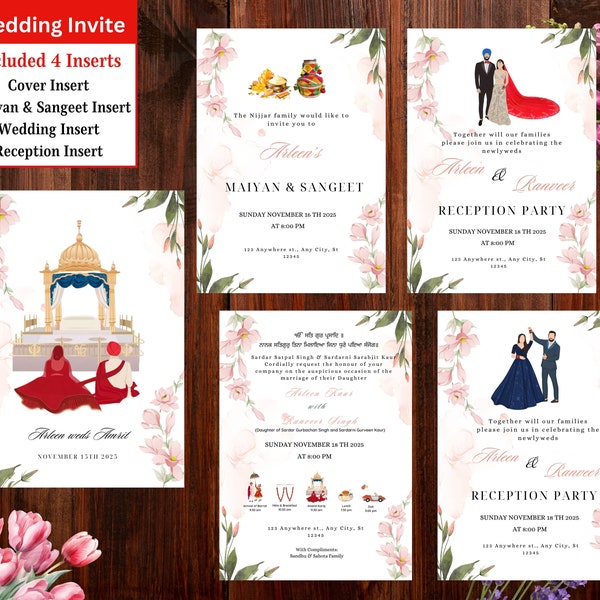 Editable Sikh Wedding Invitation Set, Luxury Sikh Wedding Card, Elegant Anand Karaj Invite, Punjabi Wedding Invitation Canva Template