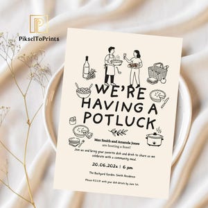Potluck Party Invitation Template | Hand-Drawn Doodle Potluck Illustrations & Handwritten | Instant Download