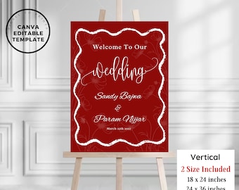 Editable Red Wavy Wedding Welcome Sign, Indian Wedding Sign, Trending Sikh Welcome Sign, Hindu Welcome To Our Wedding Sign Canva Template