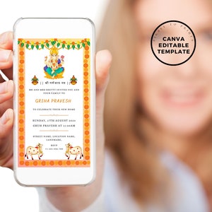 May include: A digital invitation for a Griha Pravesh ceremony, a Hindu housewarming celebration. The invitation features a yellow and orange background with a traditional Indian design, including a depiction of Lord Ganesha, the remover of obstacles. The text reads "|| श्री गणेशाय नम ||", "MR AND MRS SHETTY INVITES YOU AND YOUR FAMILY TO GRIHA PRAVESH", "TO CELEBRATE THEIR NEW HOME", "SUNDAY, 17TH AUGUST 2024", "GRUH PRAVESH AT 11:30AM", "STREET NAME, LOCATION NAME, LANDMARK.", "RSVP", "+1 123-456-789".