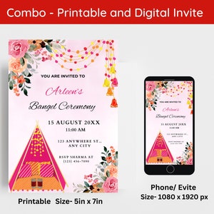 May include: Printable and digital invitation for a bangle ceremony. The invitation features a pink and orange floral design with a tent and text that reads "You are invited to Arleen's Bangle Ceremony". The digital invitation is shown on a smartphone screen.