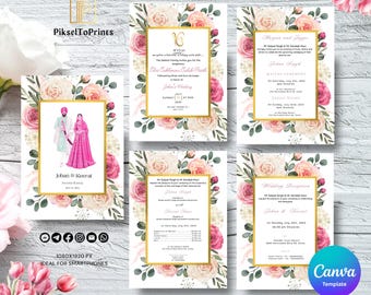 Sikh Wedding Invitation Suite Template | Editable Punjabi Wedding Invitation | Pink Floral Gurdwara Wedding Card | Anand Karaj Invitation