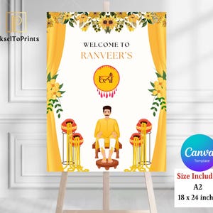 May include: A welcome sign on an easel with the text "WELCOME TO RANVEER'S". The sign features a yellow and white design with floral accents and a graphic of a person. The sign is 18 x 24 inches.